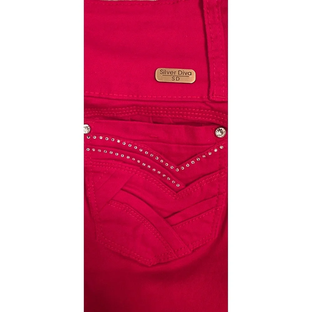 Silver Diva‎ Red Distressed Skinny Jeans High Rise Rhinestone Pocket Size 9